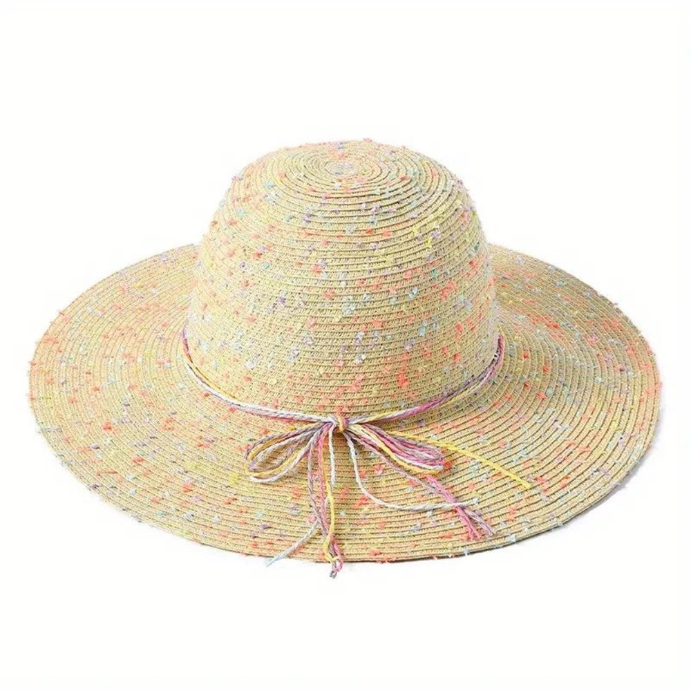 Wide-Brim Yellow Straw Sun Hat with Multicolor Bow